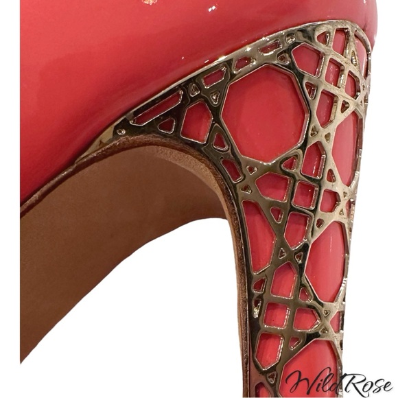 CHRISTIAN DIOR Pink Patent Leather Cannage Gold Metal Guilded Heel Platform Pump - Picture 14 of 17